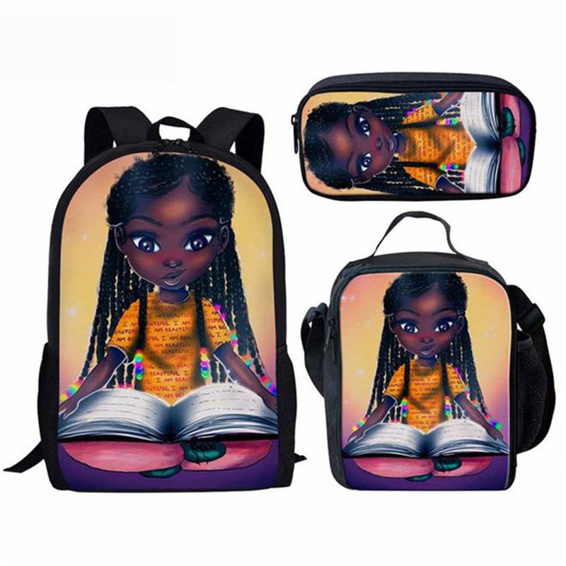 Classic Popular Novelty Cute African girl 3D Print 3pcs/Set pupil School Bags Laptop Daypack Backpack Lunch bag Pencil Case