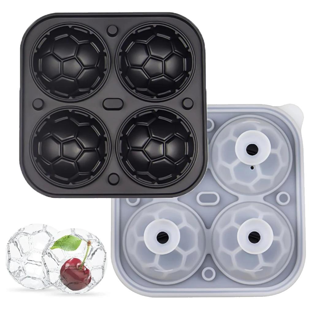 1Pc Soccer Ice Cube Mold,Silicone Sphere Ice Mold Chocolate Mold with Clear Funnel-type Lid,Make 4 Large Ice Balls for Juice