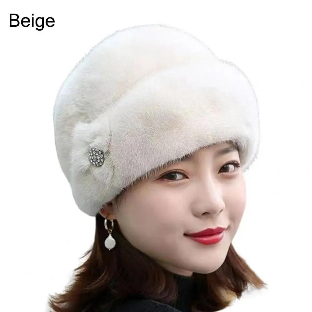 

Solid Color Faux Rabbit Fur Winter Hat Thickened Flower Decor Middle-aged Cap Keep Warm Bucket Hats Autumn Winter