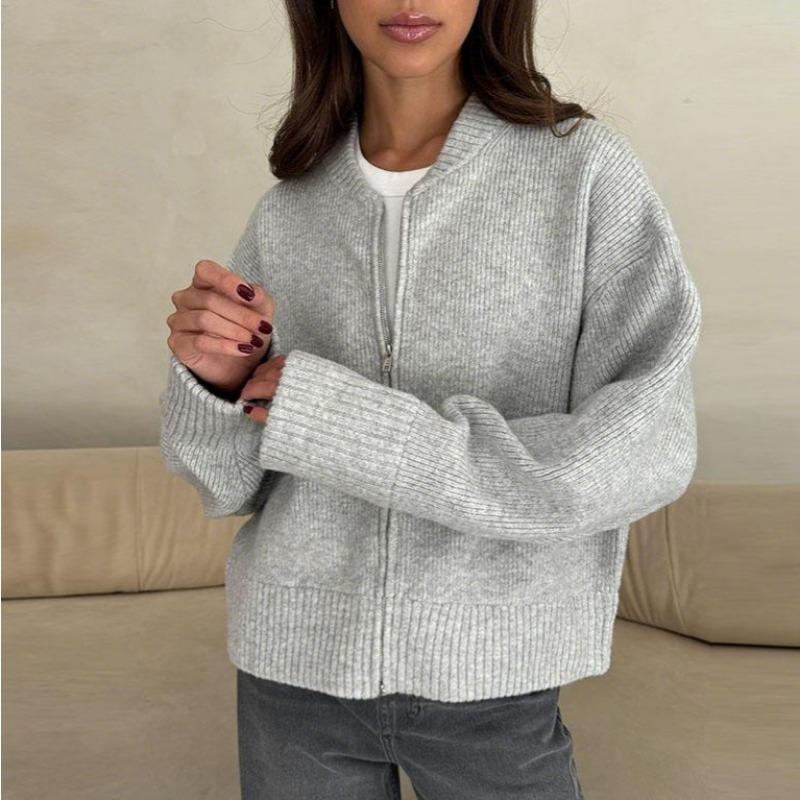 Autumn Round Neck Cardigan Sweater, Feminine Commuter Style Zipper Jacket, Loose and Versatile Top