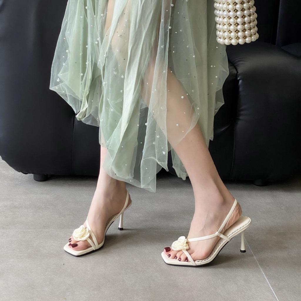Sandals Spring Square Toe Thin Heel High Heel Elegant French Style FashionOne-Strap Thin Belt Flower Open Toe Women's