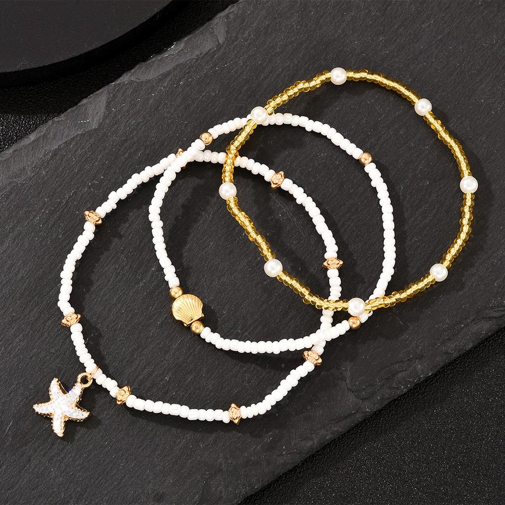3Pcs/Set Bohemian Starfish Rice Beads Shell Anklet Set for Women Summer Gold White Color Multilayer Anklet Vacation Jewelry Gift