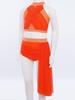 Girls Two Piece Dance Costume Shiny Rhinestones Halter Crop Top and Strappy Back Mesh Overlay Skirt