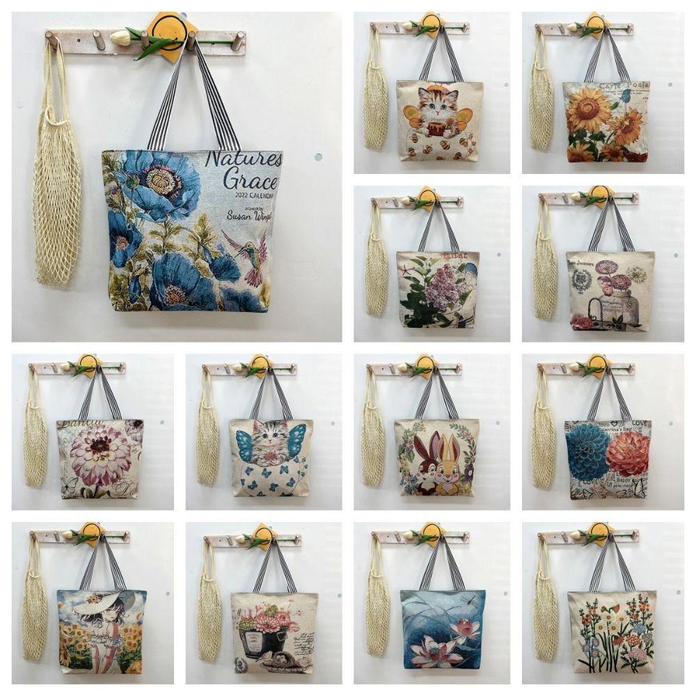 Embroidery Flower Cloth Bag Large Capacity Embroidery Tote Bag Simple Animal Shoulder Bag  Girls