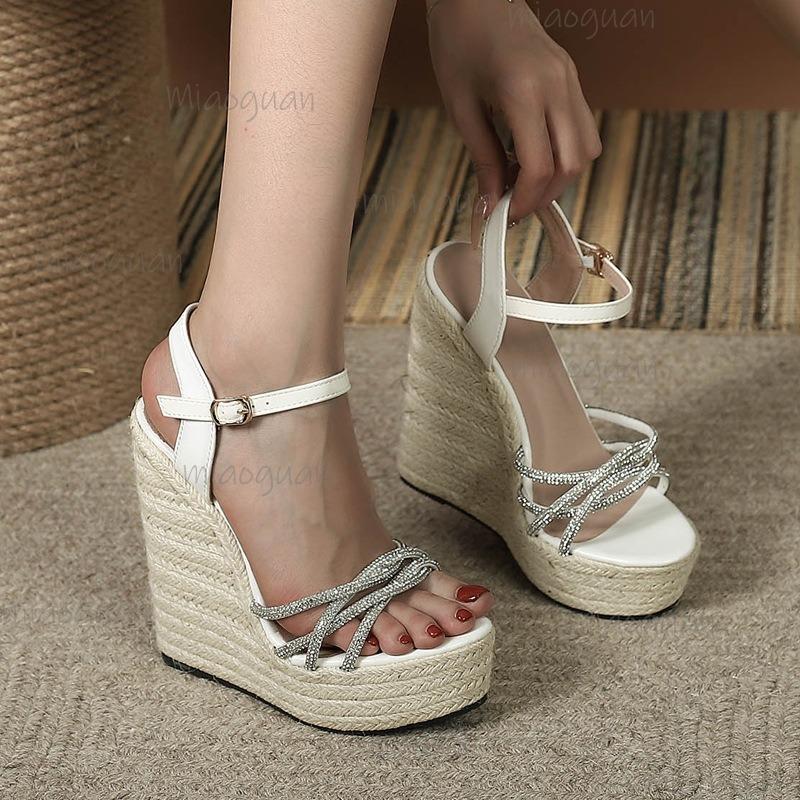 15CM Wedges Heel Platforms Sandals Chunky Sole Open Toe Crystal Straps Women's Fashion Sandals Zapatos De Mujer Size 34-42