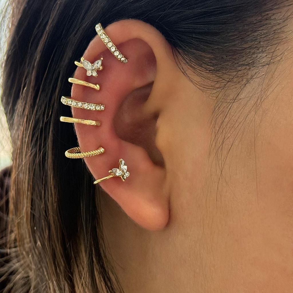 European and American hot-selling simple line diamond-encrusted earbone clip personalized double-layer u-shaped earless earclip earrings 1-piece set