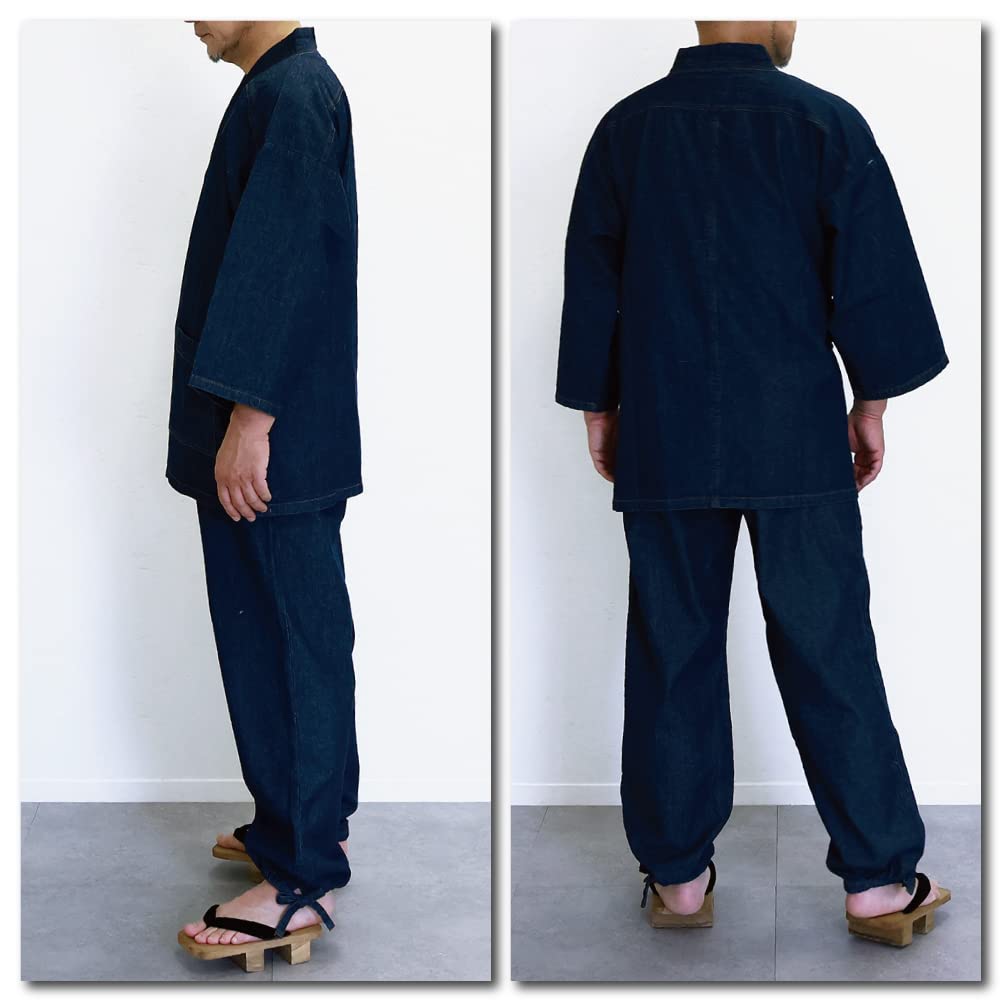 SWINGPLUS Men's Denim Kimono Samue Set (Top and Bottoms), Loungewear, Sizes M-2L (2L, Indigo)