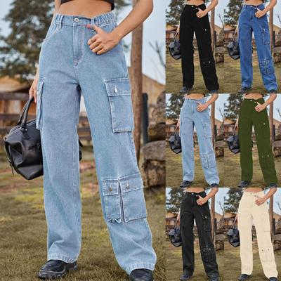 Damenmode Elastische Taille Personalisierte Tasche Denim Cargo Casual Hose