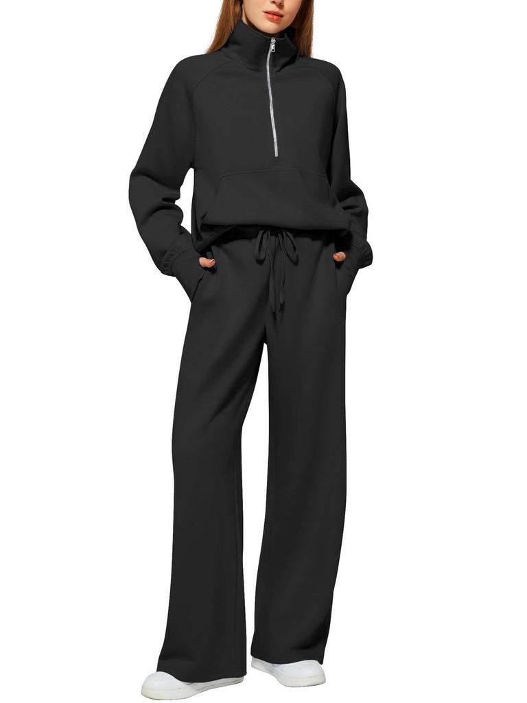 European & American Women's Casual Zipper Sweatshirt and Wide Leg Sweatpants Set