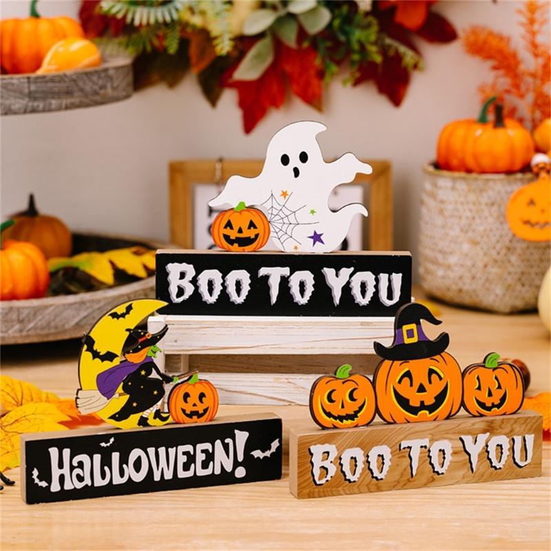 2Pcs Creative Halloween Gnomes Pumpkin Witch Figurines Wooden Block Table Sign For Festives Home Shelf Tiered Tray Decors