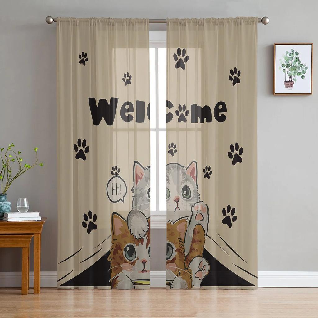 Cat Paw Retro Cute Window Curtains Sheer Chiffon Tulle Curtain Home Living Room Backdrop Decoration