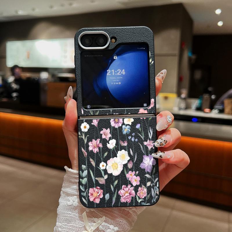 Leather Texture Soft TPU Folding Case For Samsung Galaxy Z Flip7 Flip6 Flip5 Flip4 Z Flip 7 FE 6 5 3 5G Plant Print Phone Cover