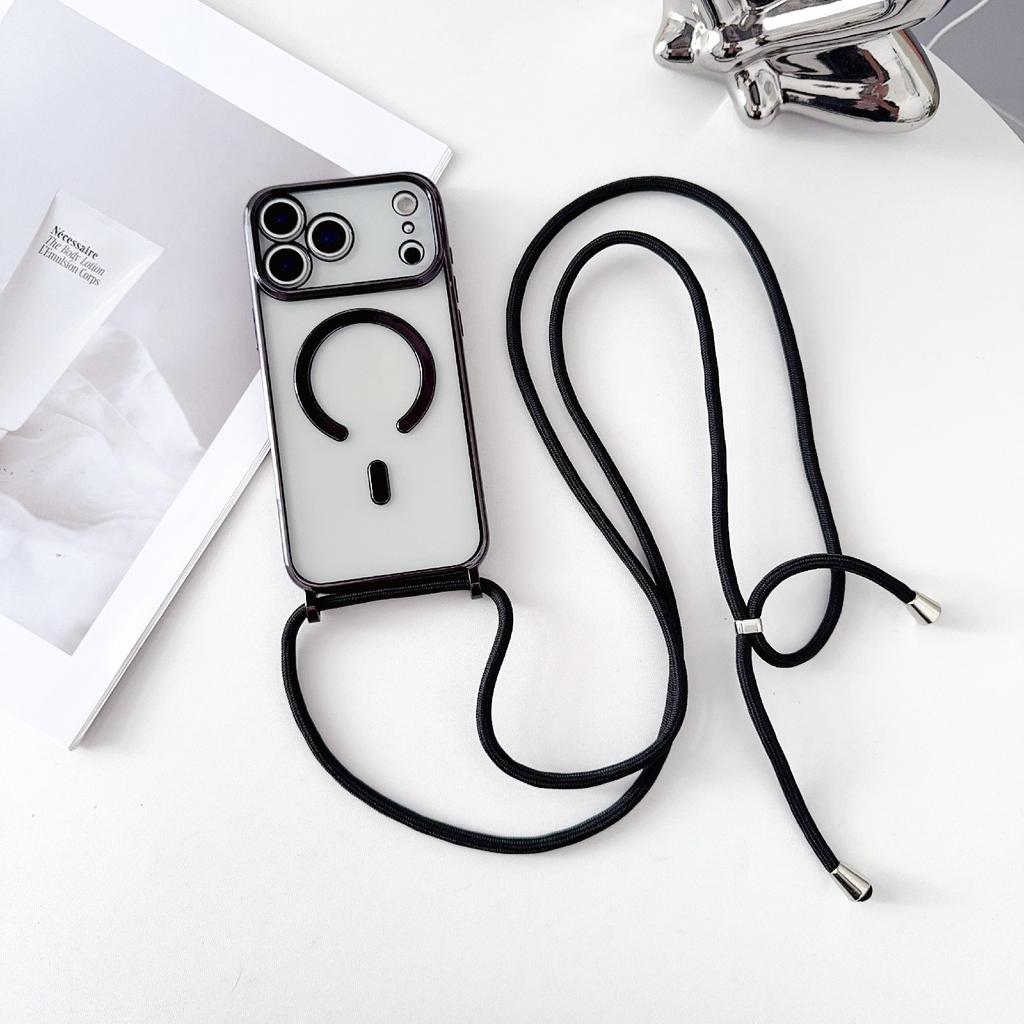 For iPhone 17 Pro Case Compatible with MagSafe Electroplating TPU Phone Cover with Long Lanyard