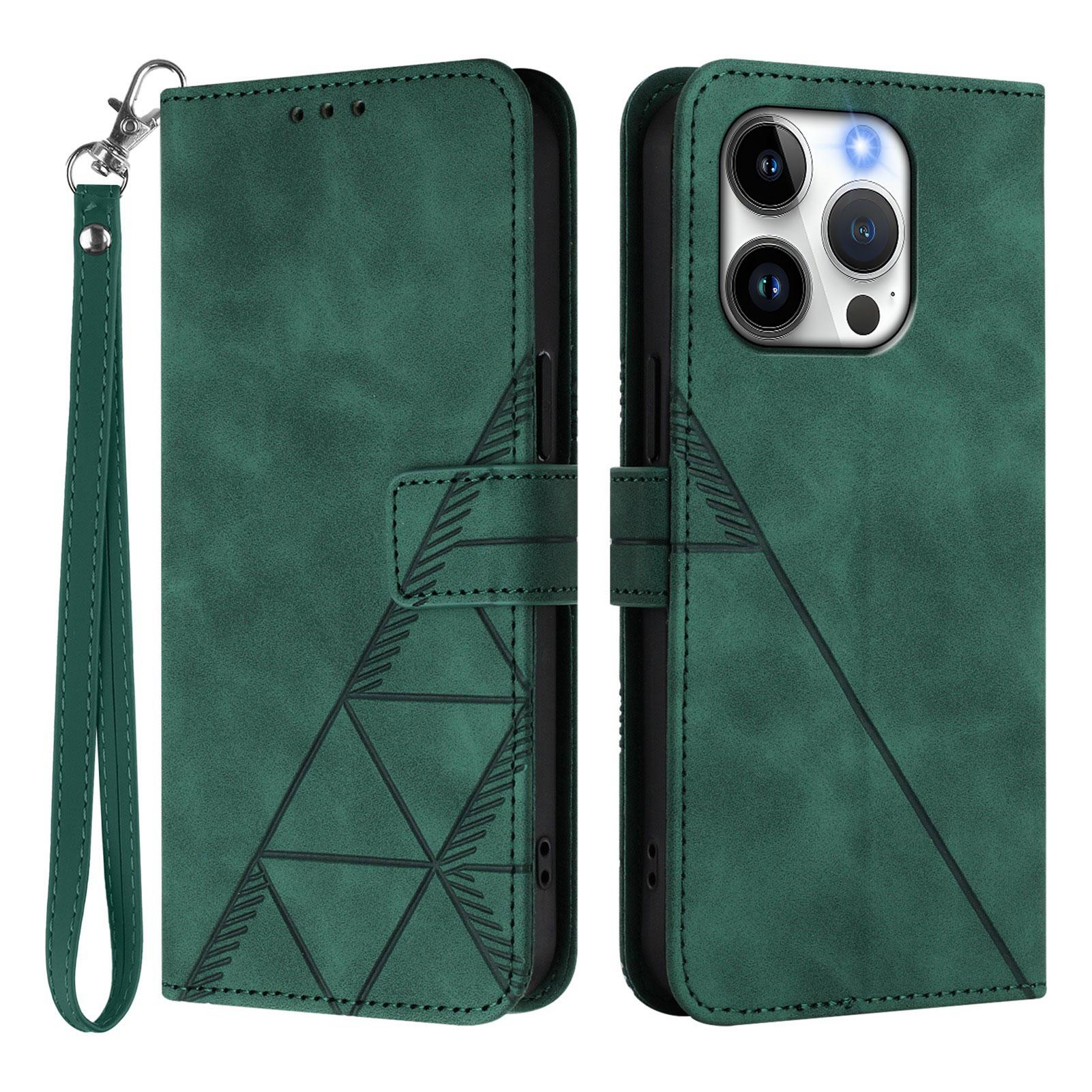 

For iPhone 15 Pro Leather Case with Hand Strap Wallet Stand Phone Cover Blackish Green