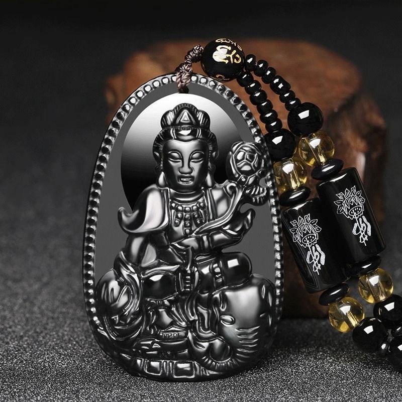 Black Obsidian Buddha Pendant Carved Design Beaded Chain Daily Wear Lucky Gift For Men Women