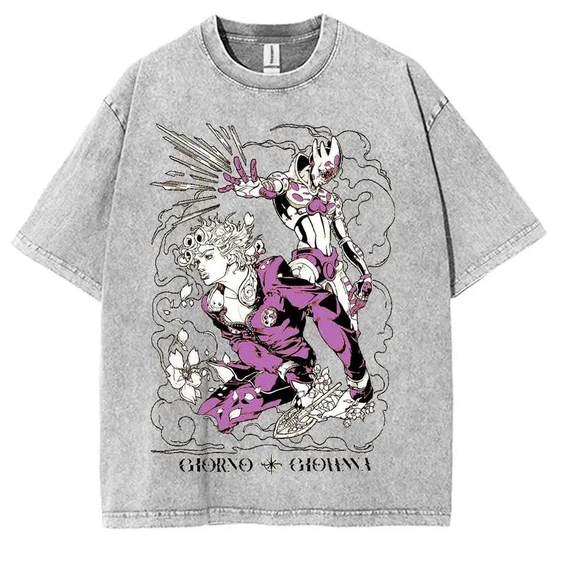 

Giorno Giovanna JoJo s Bizarre Adventure Clothing Men Short Sleeve T-shirts Vintage Washed T Shirt Cotton Tee Harajuku Tshirt XXL серый