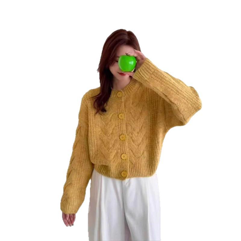 Korejský Retro Univerzální Bělící Pletený Kardigan - Dámský Volný Ležérní Kabelový Svetrový Kabát, Trendy pro Podzim/Zimu 2025