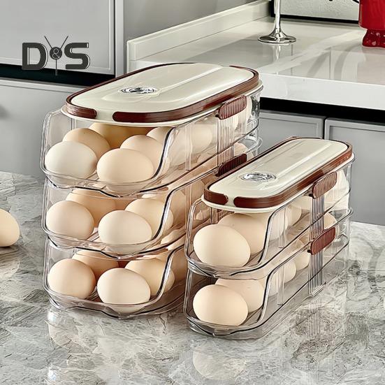 Automatic Rolling Egg Container Fridge Storage Box Food Grade BPA Free Transparent Stackable Fridge Organizer with Lid