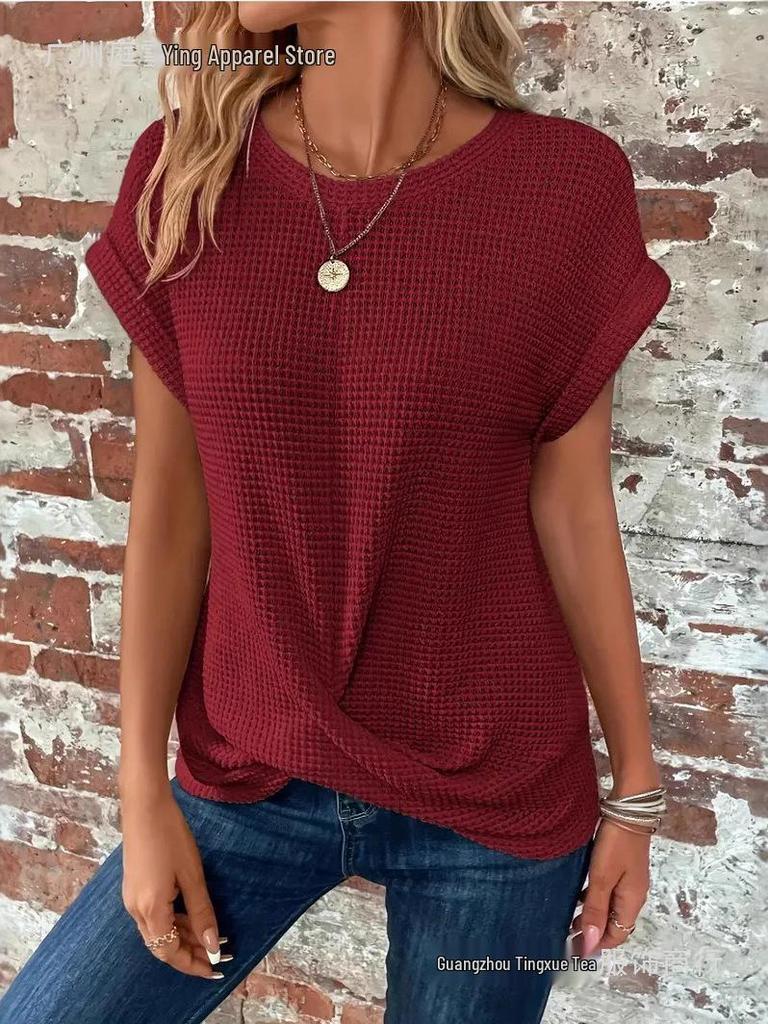 2026 Spring/Summer Women's Solid Color Round Neck T-shirt with Elegant Twisted Hem
