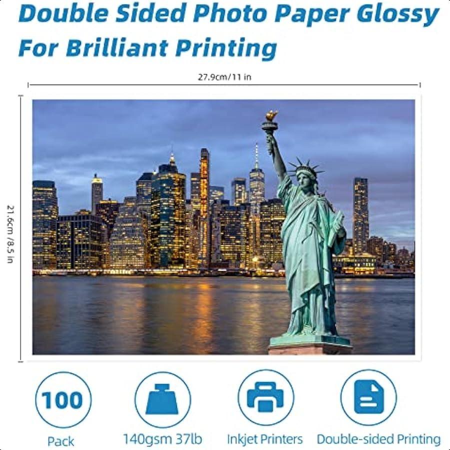 

100 листов Бумага для брошюр Глянцевая Двусторонняя 8,5x11 Струйная 37lb 140gsm Чернила на основе красителей Тонкая Фото Фото Листовка Календарь Журнал CD C United States