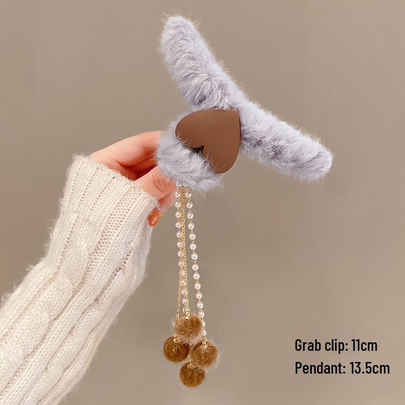 Korean Style Plush Bow Hair Clip with Tassel - Autumn/Winter Women's Hair Accessory