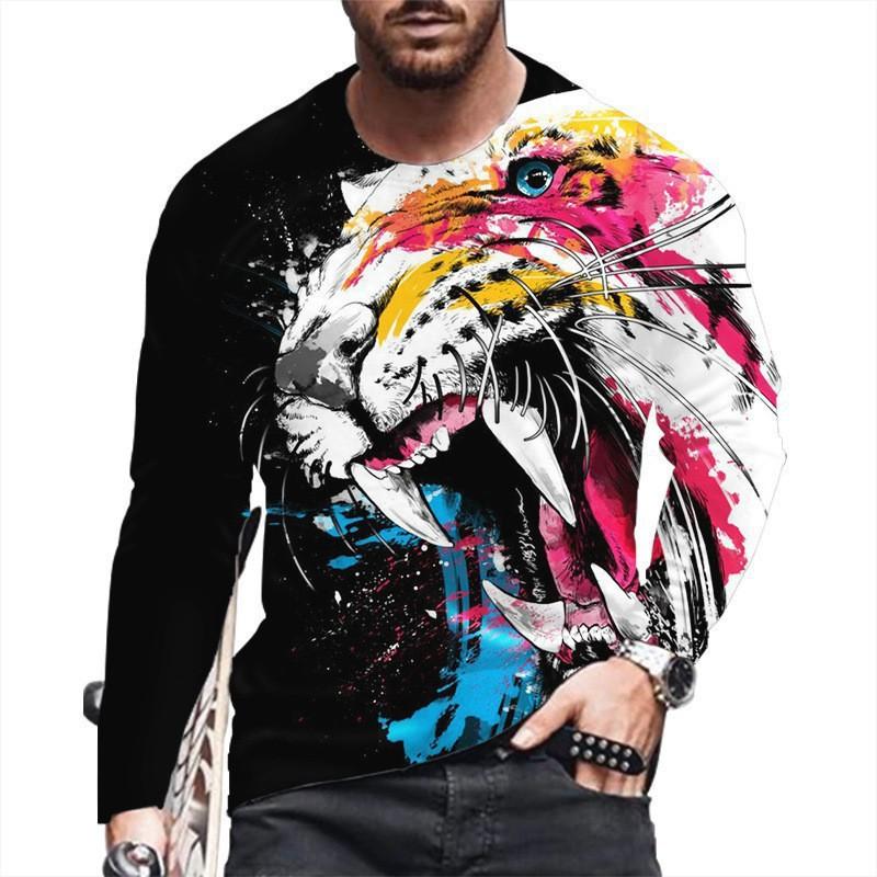 Round Neck 3D Tiger Lion Printed Top Casual Long Sleeved Men's T-shirts - Soft Medium Stretch Polyester Fabric Spring and Autumn Relaxed Fit Clothing