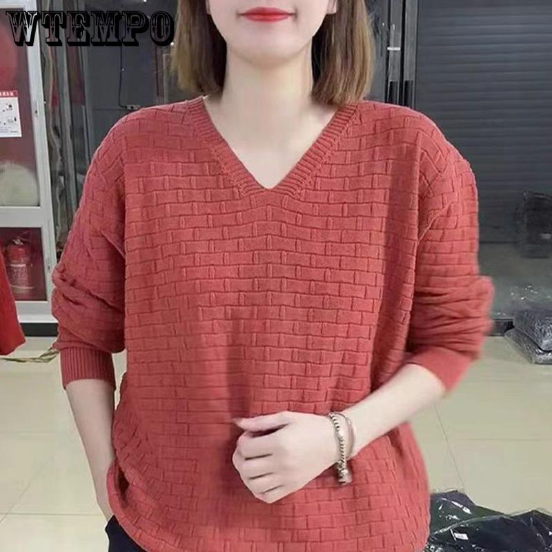 Autumn and Winter V-neck Pullover Sweater for Women Women's Solid Color Long Sleeved Knitted Sweater