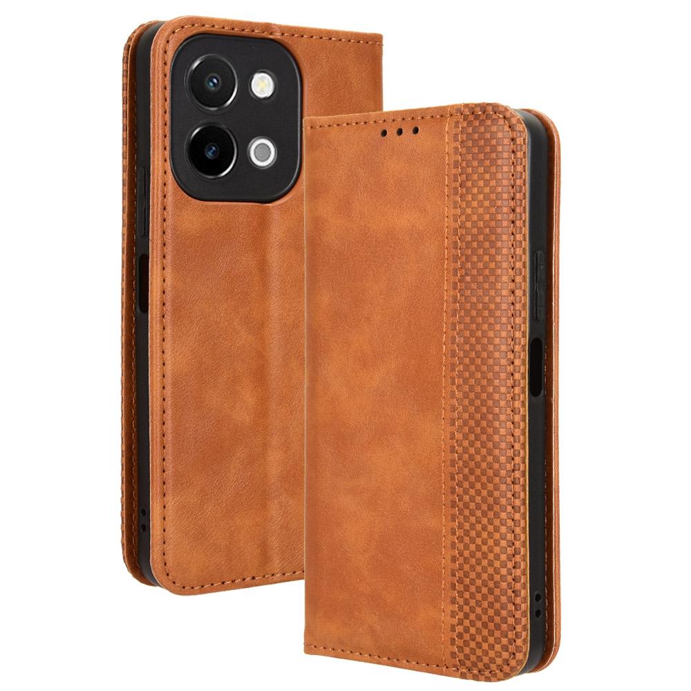 

For vivo Y28 4G Case PU Leather Retro Magnetic Closing Drop-Proof Phone Cover Brown