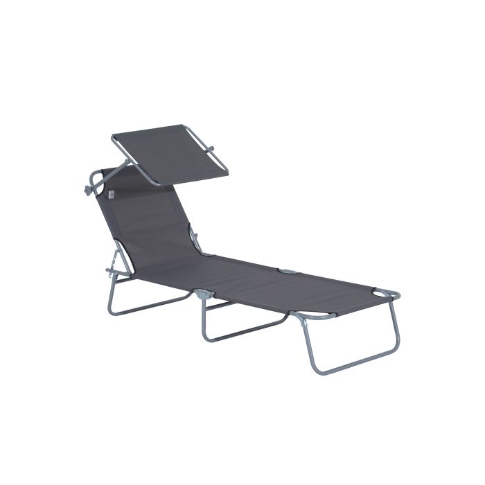 Chaise longue - Outsunny - Pliable - Protection solaire réglable - Métal gris 187x58x36 cm