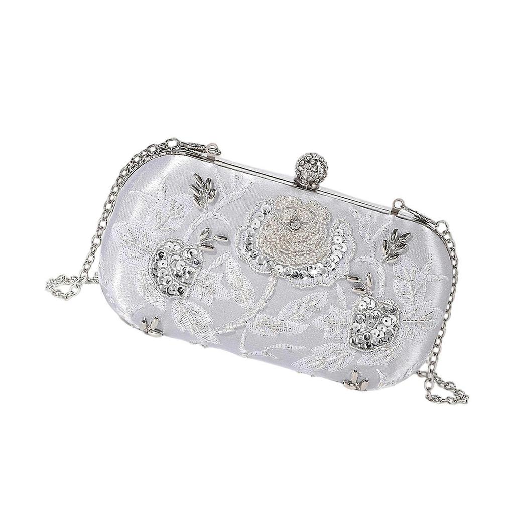Elegant Floral Embroidered Beaded Bag Evening Bag For Women Lightweight Polyester Multipurpose Shoulder Handbag Silver