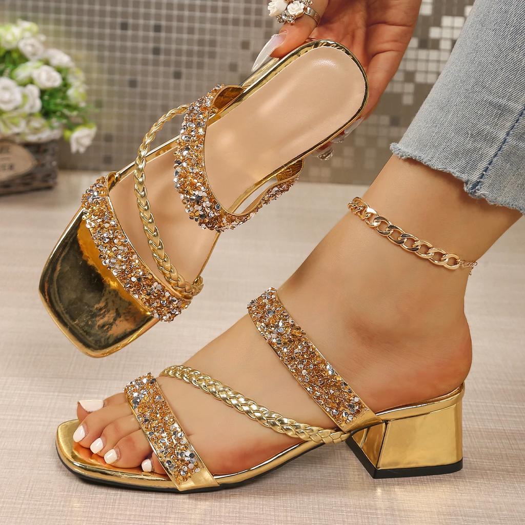 Summer New Women Sandals Rhinestones Open Toe High Heels Shoes for Women Trend Sandals Medium Heel Thick Heel Slippers Women