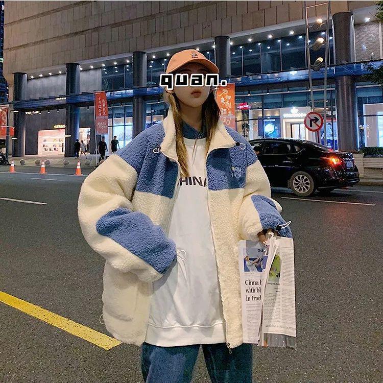 

Трендовое плюшевое пальто из овечьей шерсти для пар: Корейский стиль, свободный крой, утолщенный осенне-зимний свитер для женщин и мужское хлопковое пальто XL (115-130 lbs) синий