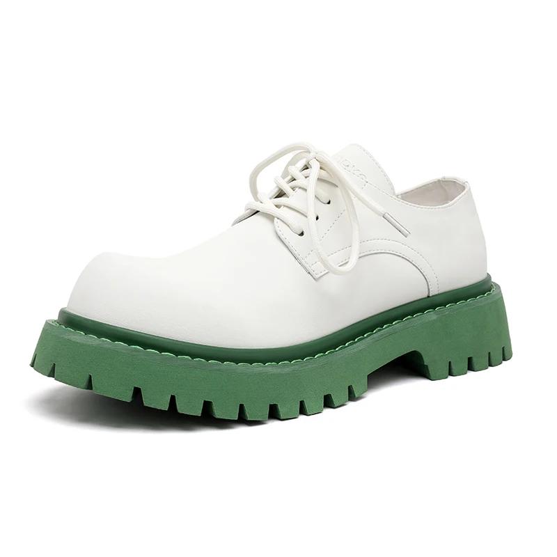 Fashion Brand Men's Lace Up Oxford Shoes Thick Sole Business Wedding Shoes Round Toe Green Sole Platform British Outdoor Casual Shoes