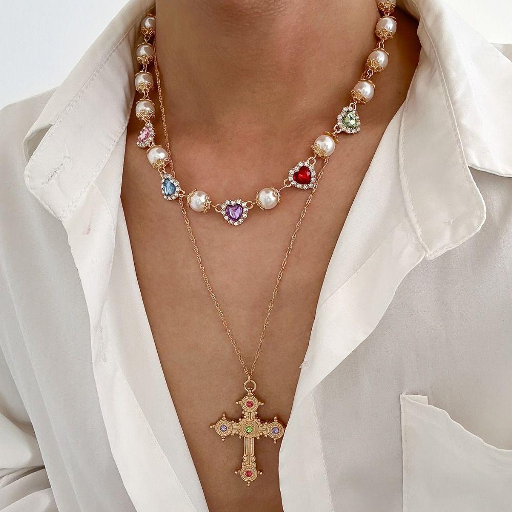 Ethnic Style Cross Pendant Necklace Heart Rhinestone Necklace Retro Men Necklace  Girls