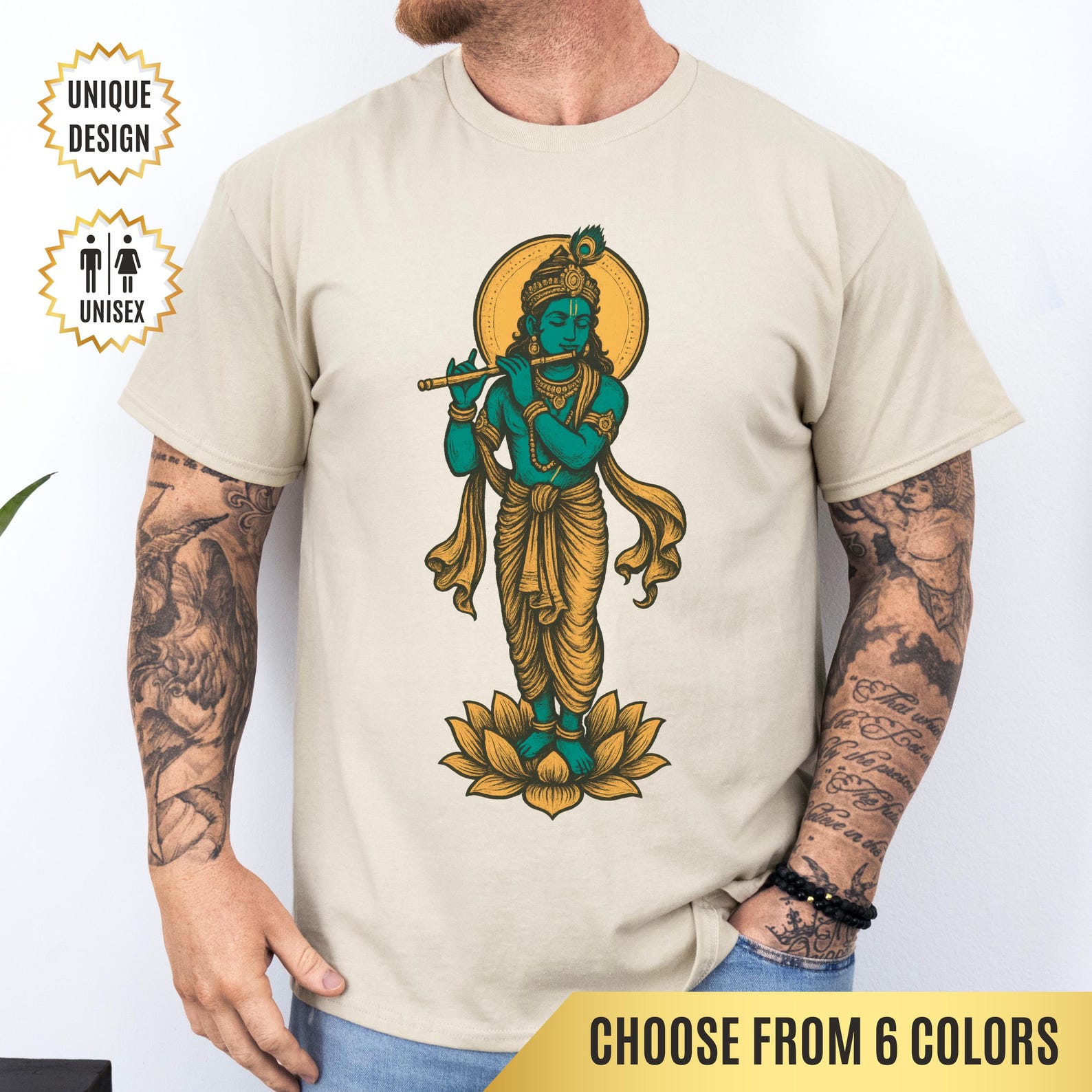 Krishna T-Shirt, Divine Hindu God Playing Flute on Lotus, Spiritual Indian Art Tee, Yoga Shirt, Meditation Tee, Spiritual Gift, Boho Tee XL