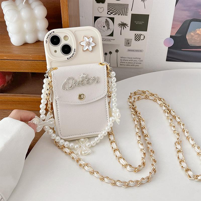 For IPhone17 Wallet Card Case Phone Case for Apple 16 Bow Pearl 14 Bracelet 13 Precision Hole XR Flower