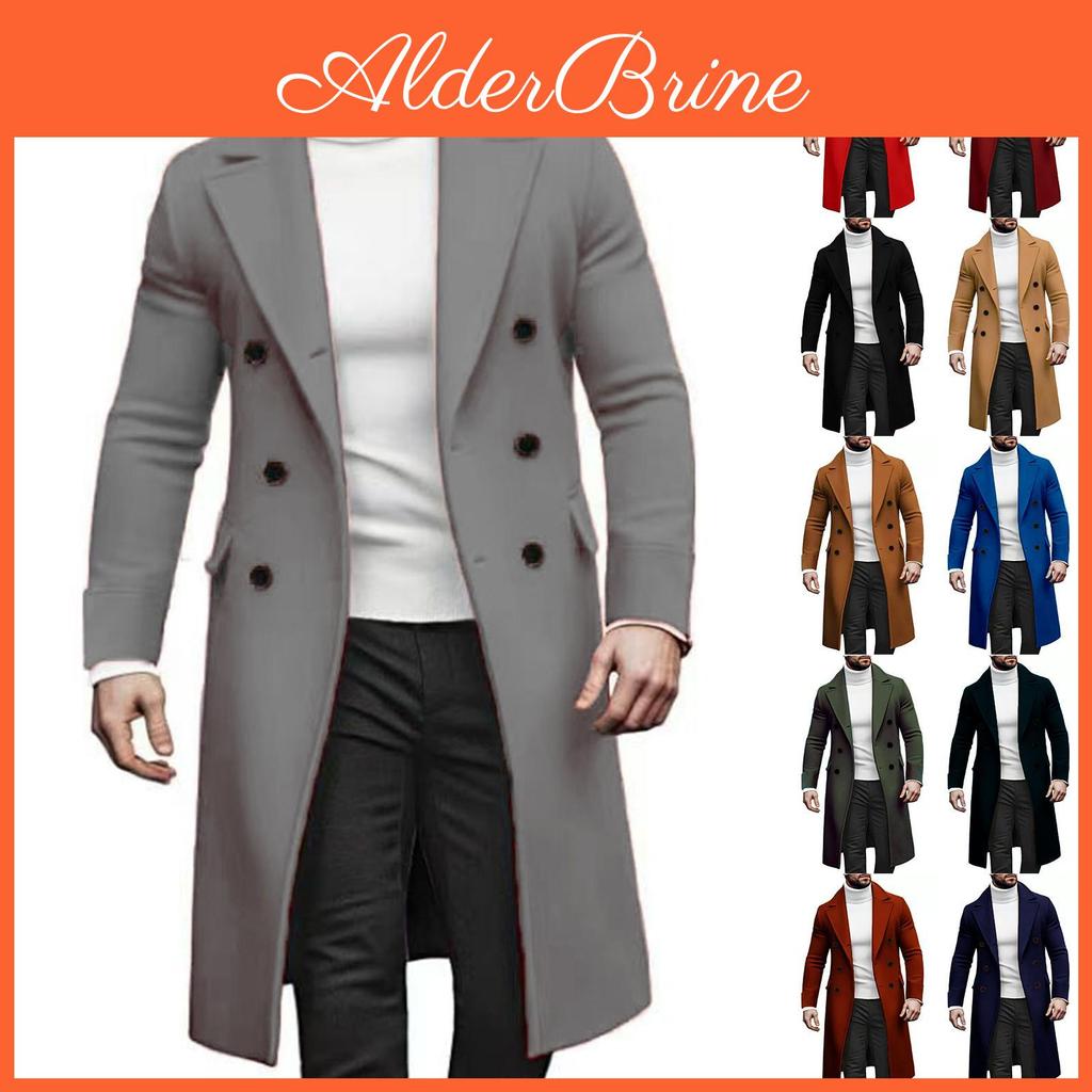 Lapel Trench Mens Coat Notch Double Breasted Peacoat Wool Blend Casual Long Overcoat