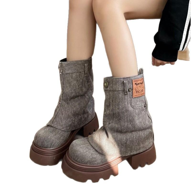 Inner Heightening Western Cowboy Boots Women's 2025 New Thick-soled Short Trouser Boots Retro Denim Old Martin Boots