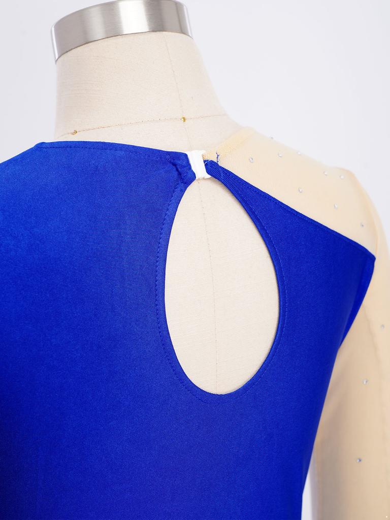 Girls Shiny Rhinestones Mesh Patchwork Dance Dress Asymmetrical Hem Long Sleeve Dancewear