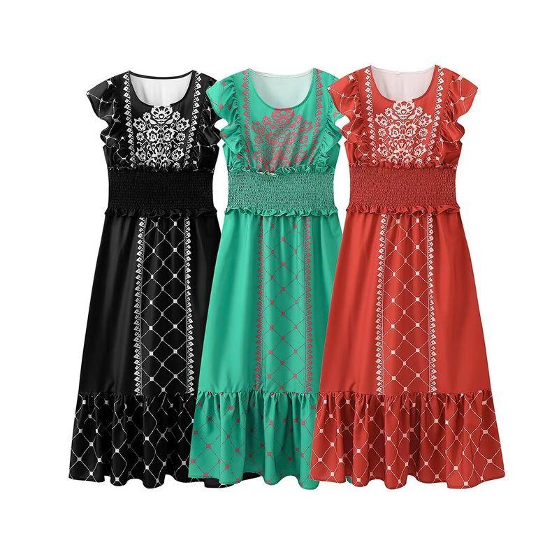 Kaslead New Arrival Women's Clothing Fashion Style Fashion Casual Three Colors Print Smocking Waist-Tight Dress