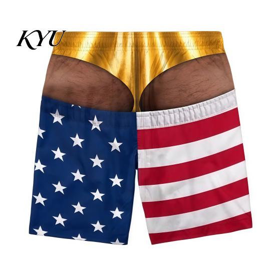 Summer Party Tricky Swimwear Hairy Big Booty Shorts, USA Flag Print Men Swim Trunks, Golden Funny 3D Visual Effect Shorts Briefs Design, Beach