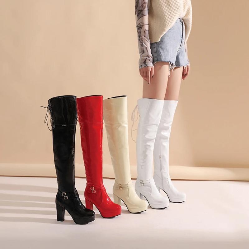 Fashion Women Round Toe Platform Boots femme Over The Knee Boots Ladies Sexy High Heels Patent Leather Long Boot Woman 2025 Winter Shoes