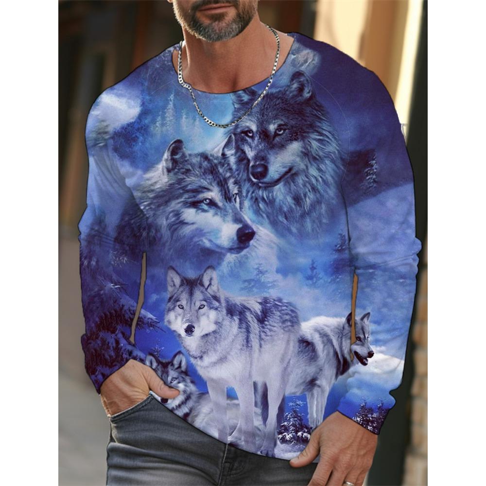 Long-sleeve 3D printed wolf pattern stylish T-shirt, men's street casual, round-neck trendy T-shirt