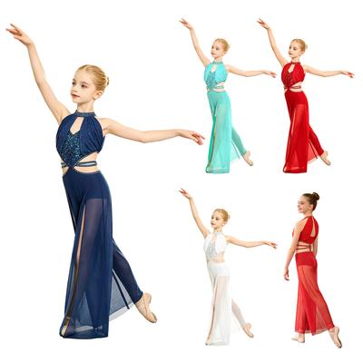 Mono de Lentejuelas y Pedrería sin Mangas con Escote Calado y Pierna Ancha de Malla Traje de Danza Lírica para Niñas