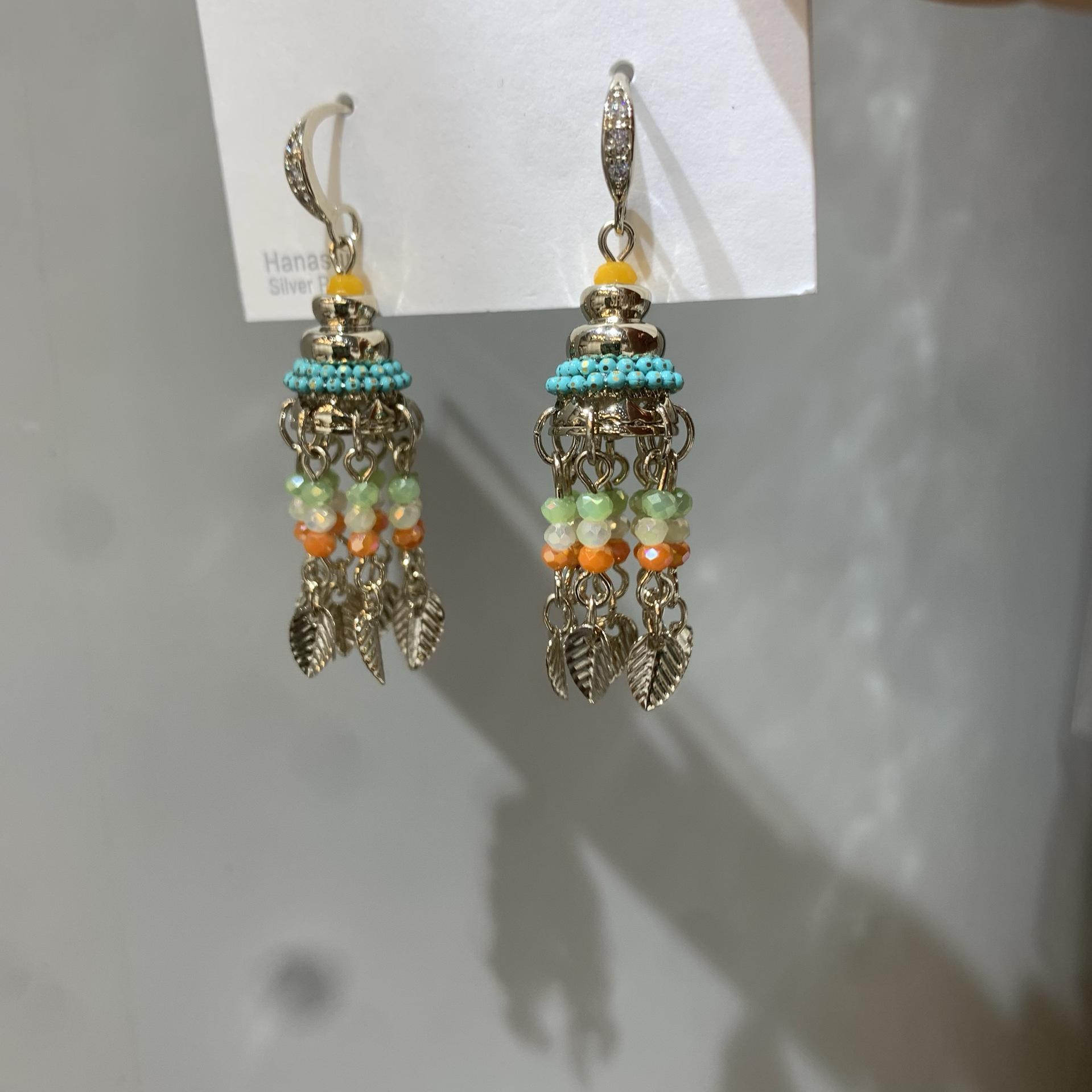 Retro style zircon glass leaves fringed ear hooks ethnic style earrings bohemian style earrings design sense niche