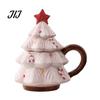 Christmas Tree Coffee Mug with Star Lid, 340ml Festive Holiday Cup for Hot Themed Beverage Drinkware Cocoa And Milk, Retro Curved Handle Microwave