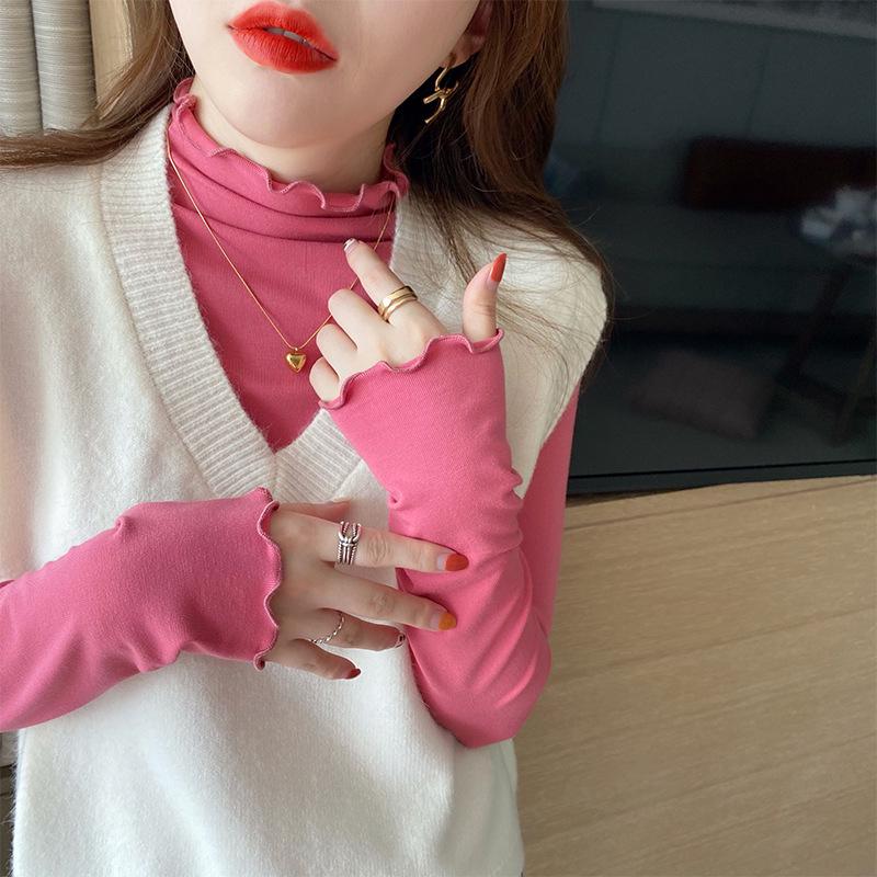 German Velvet Ladies' Half-High Collar Knit T-Shirt with Wood Ear Edge - Solid Color Long-Sleeve for Spring, Autumn, and Winter 2024.