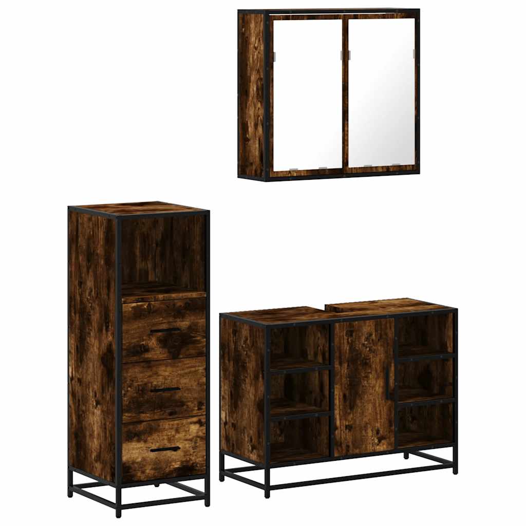 3 Piece Bathroom Furniture Set Smoked Oak Wood Based Material
