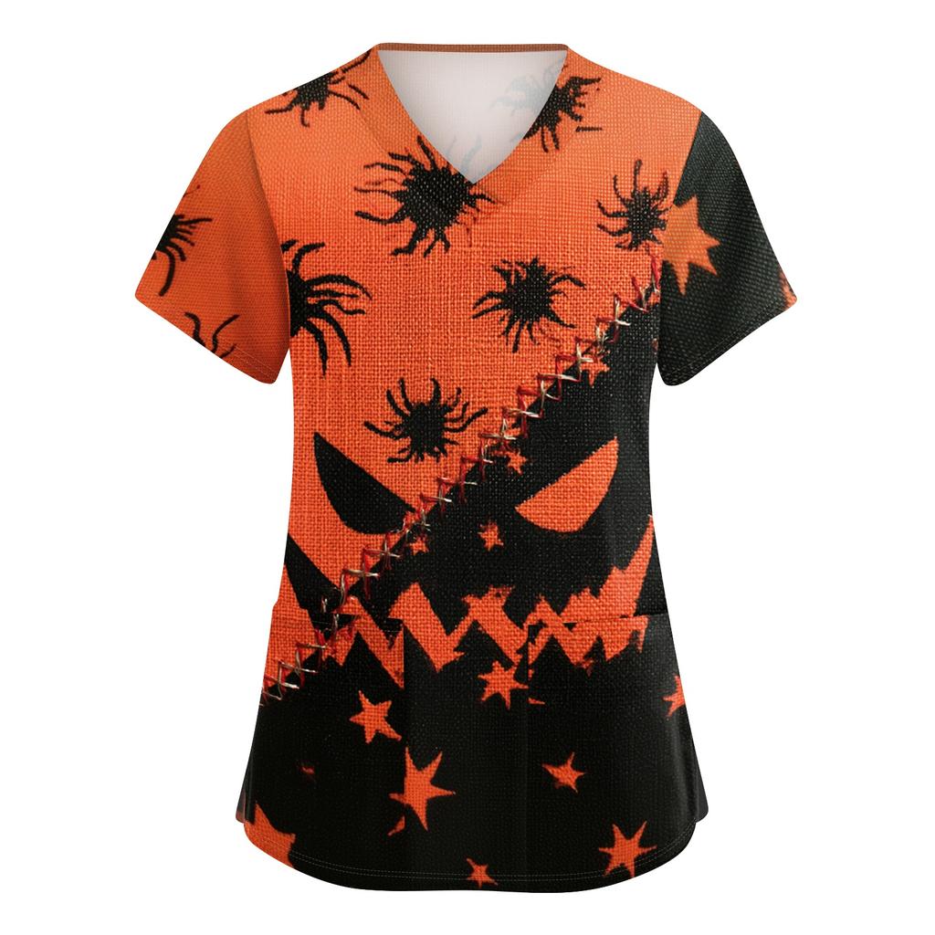 Women's V-Neck Short Sleeve Scrub Top with Pockets Halloween Print Uniform for Work