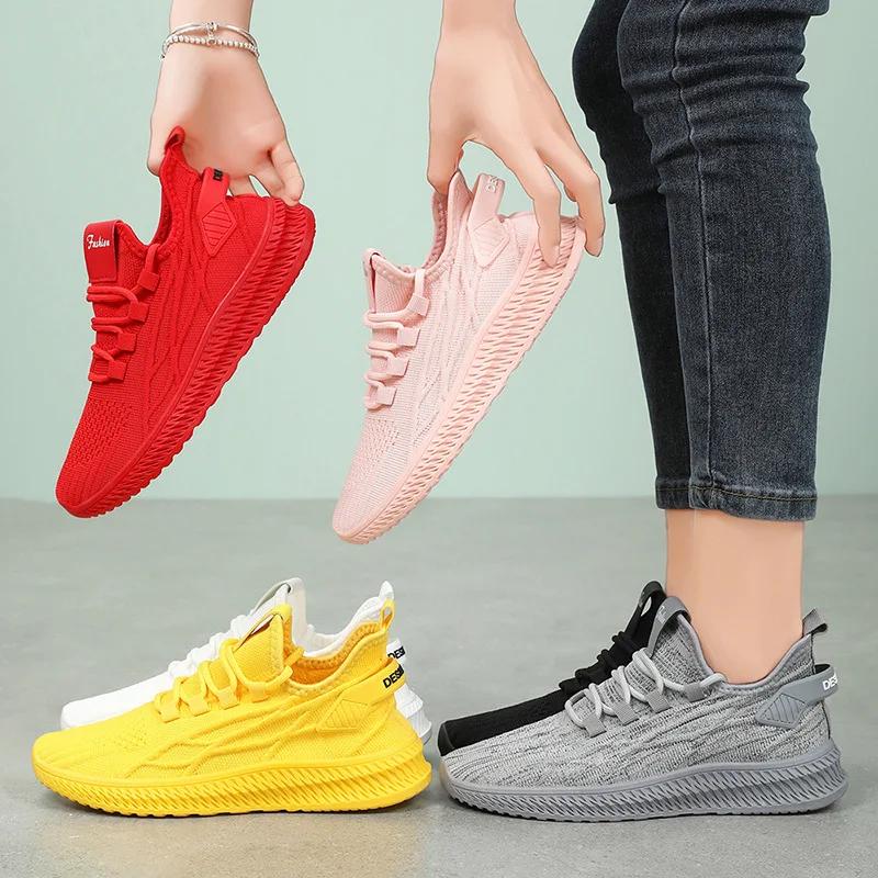 Fashion Trendy Summer Comfortable Sneakers Red Yellow Women Casual Outdoor Running Shoes Women's Knit Mesh Breathable Sports Shoes